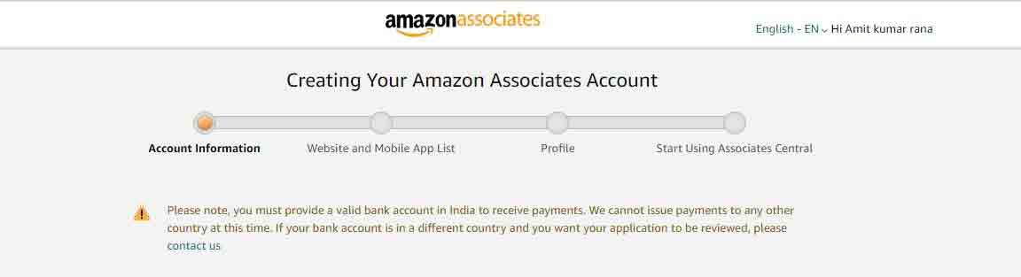 Amazon Affiliate Account Information